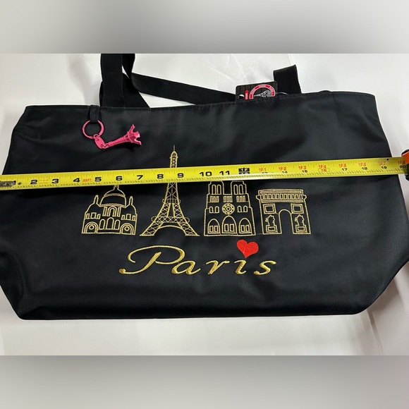 NWT Black Embroidered Paris Souvenir Shopping Tote + Eiffel Tower Keychain - Picture 7 of 9